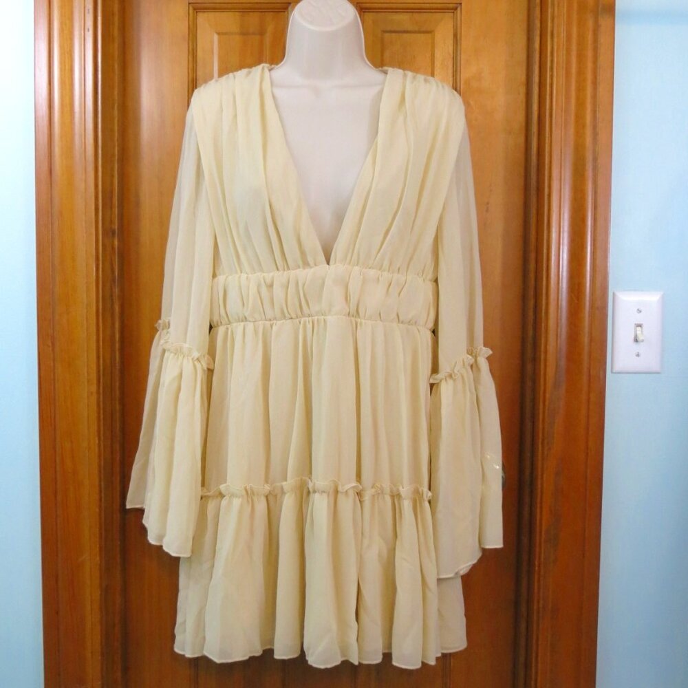 NWT Miss Ord Boho Cream Dress Sheer Lined Flounce Sleeve Flowy Size Large